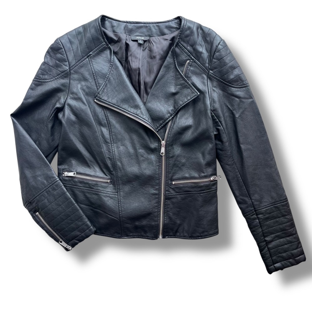 Apt 9 Womens M Black Faux Leather Asymmetric Zip Quilt Moto Jacket Biker Grunge